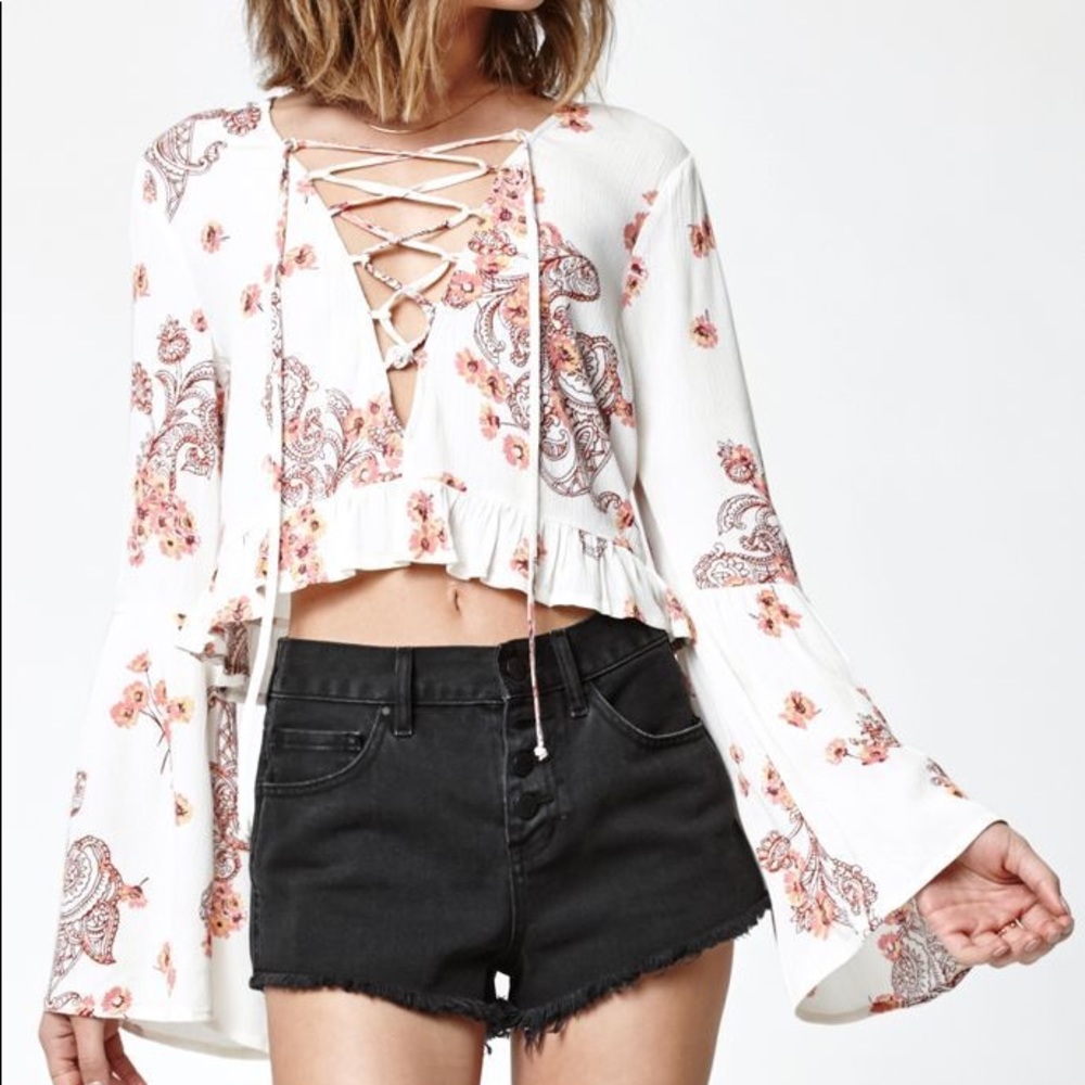 LA Hearts Lace-Up Ruffle Hem Long Sleeve Top
